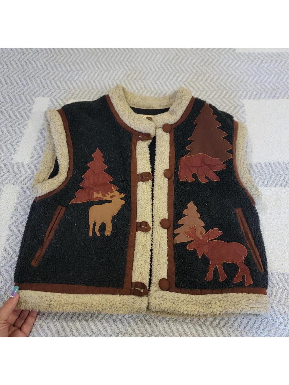 Iago & Rosie's black & brown moose and tree appliqué vest with faux fur lining